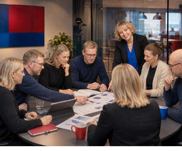Jessica Juhola ohjaa yrityksen kasvupalaveria kokoushuoneessa.